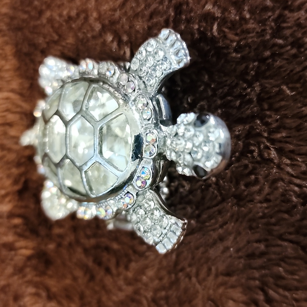 Silver Crystal Turtle Adjustable Ring